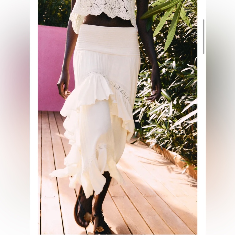ZARA Cream Tiered Ruffle Midi Skirt Boho Fairycore Asymmetrical Hem Womens XL